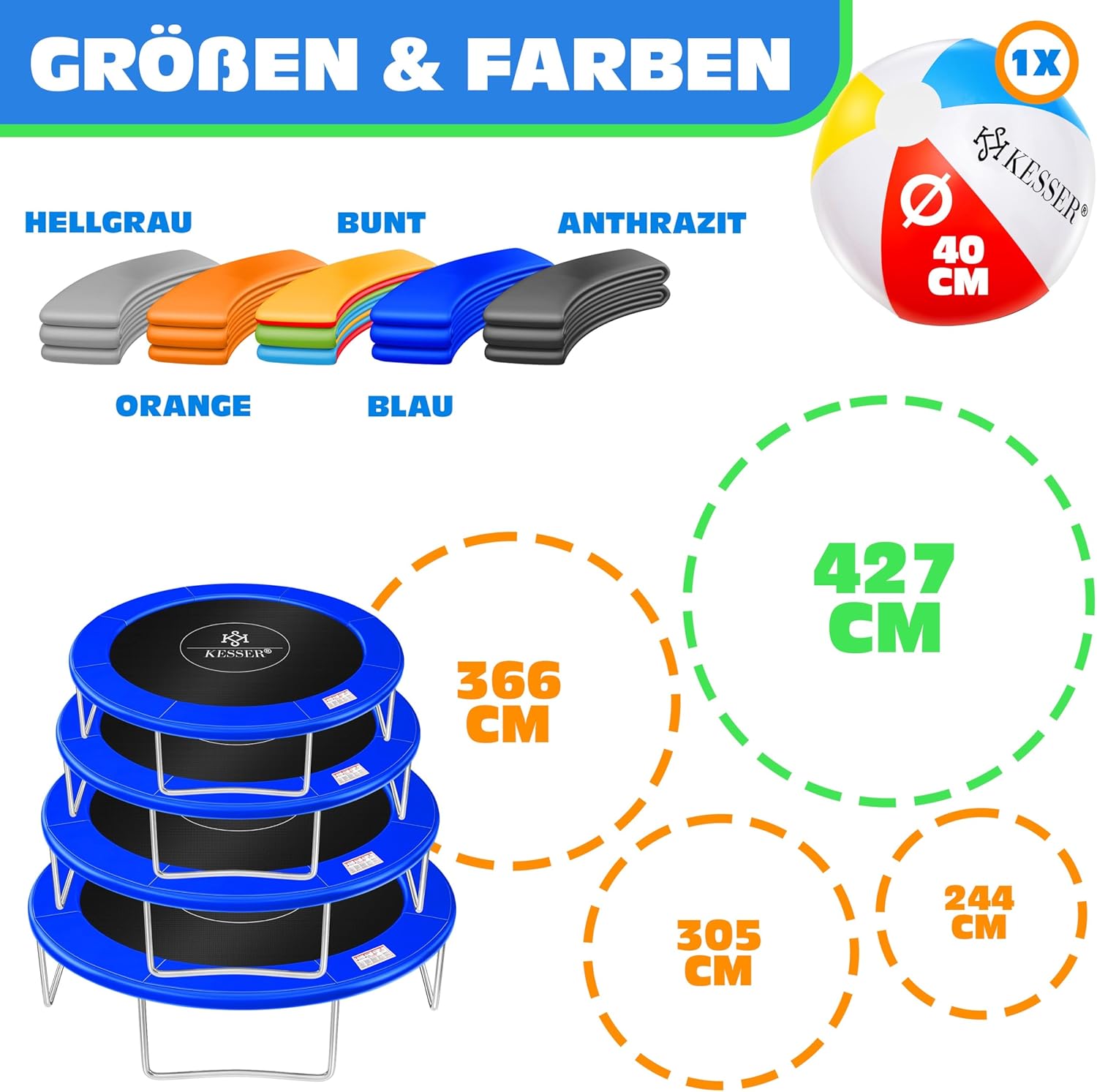 KESSER - Trampoline edge cover Ø 244, 305, 366, 426 cm, width 30 cm, 100% UV resistant, tear-resistant, spring cover with beach ball